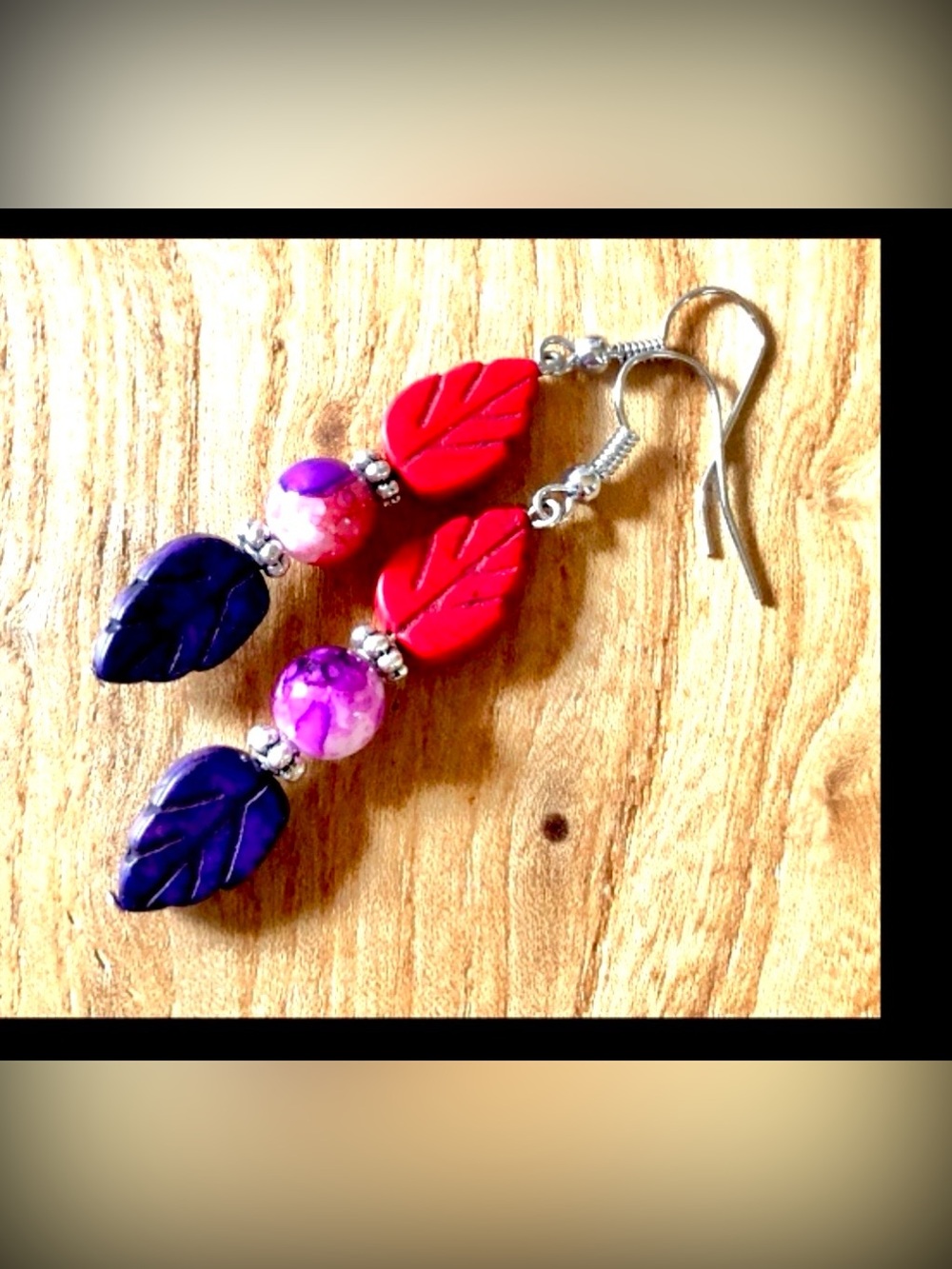 Purple Red Howlite Stone Double Leaf and Marbled Tie Dye Glass Earrings Nature